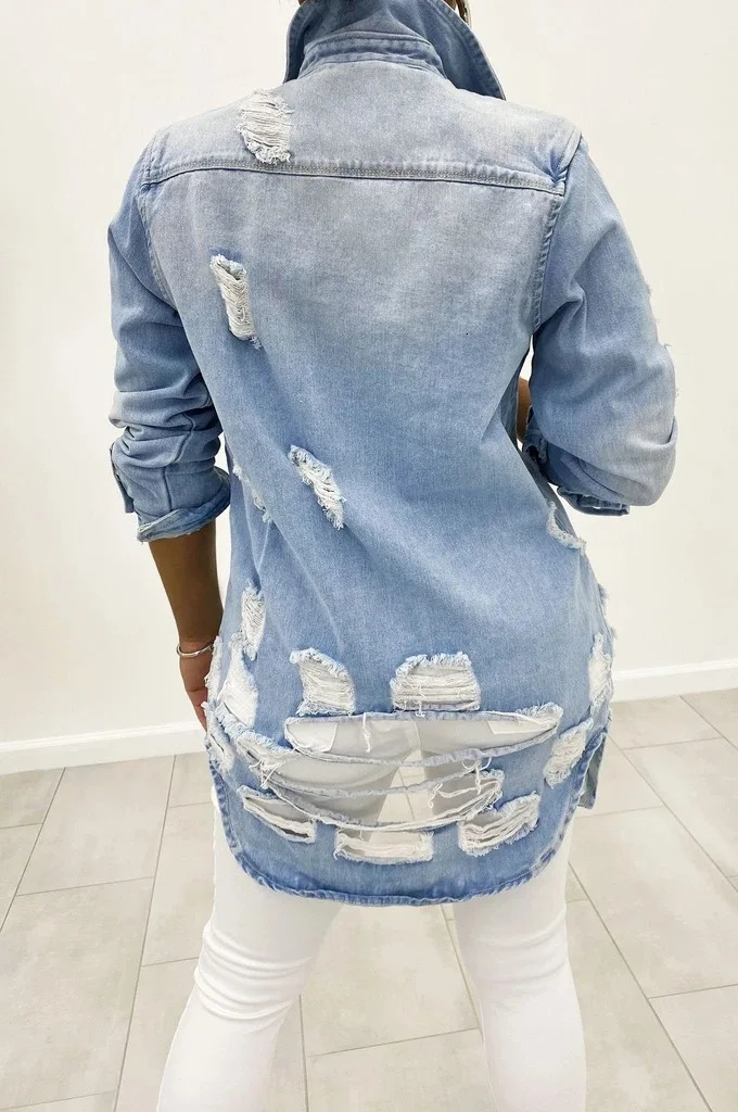 Womens Spring Jacket Denim Plus Size Cut Hole n Retro Street Oversized Y2K Short Jeans 250407