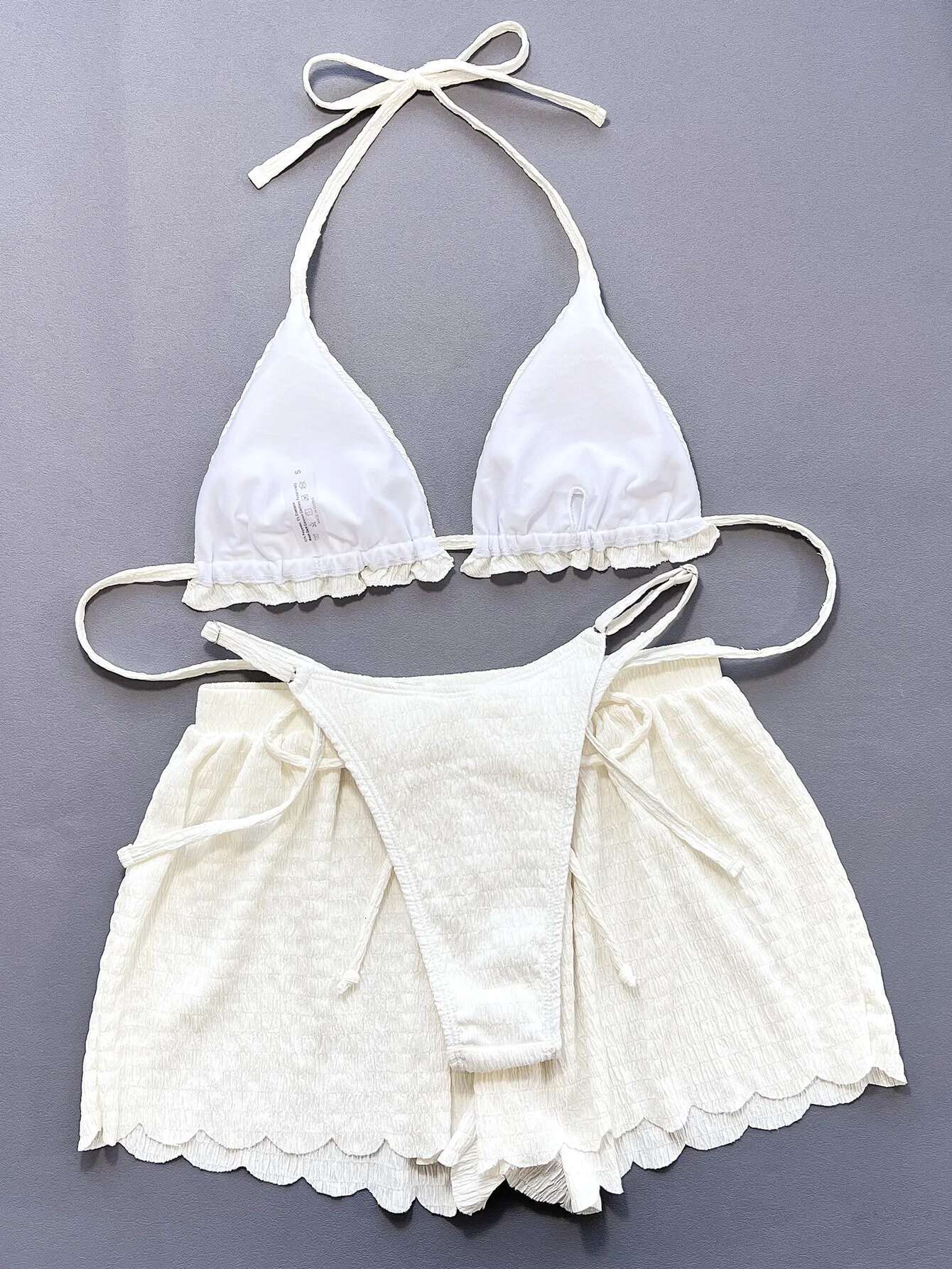 Dongdumaoyi Sexy White Bikini Women Halter Ruffles Push Up Drawstring High Waist Panties Piece Swimsuit Beach Bathing Suit Swimwear