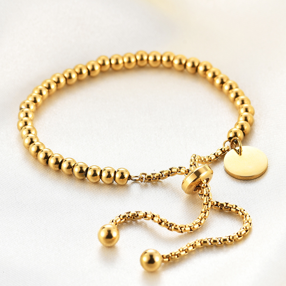 Fashionable titanium steel simple circular hang tag adjustable round bead engraved bracelet jewelry