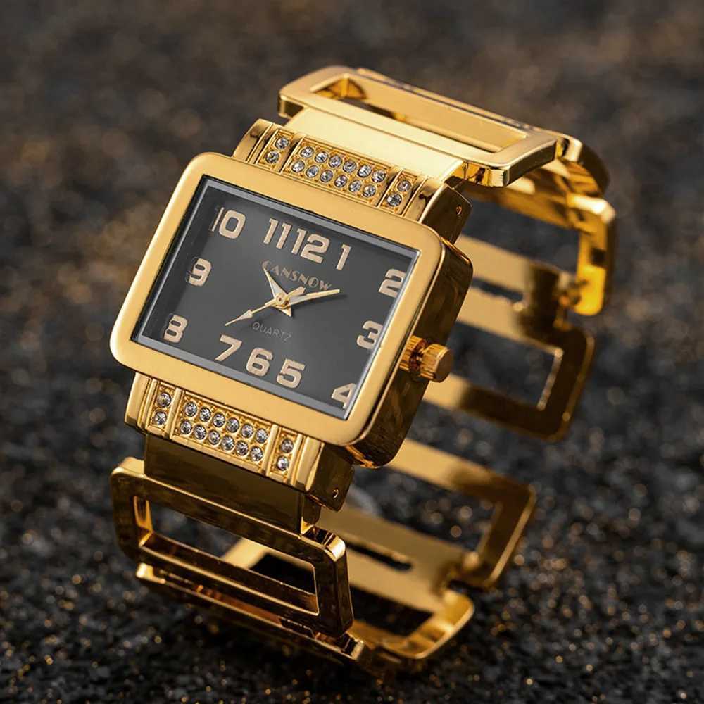 Cansnow Rectangle Womens Watch Gold Silver Bracelet Womens Water Diamond Hollow Steel Quartz Womens Fashion WatchT250408