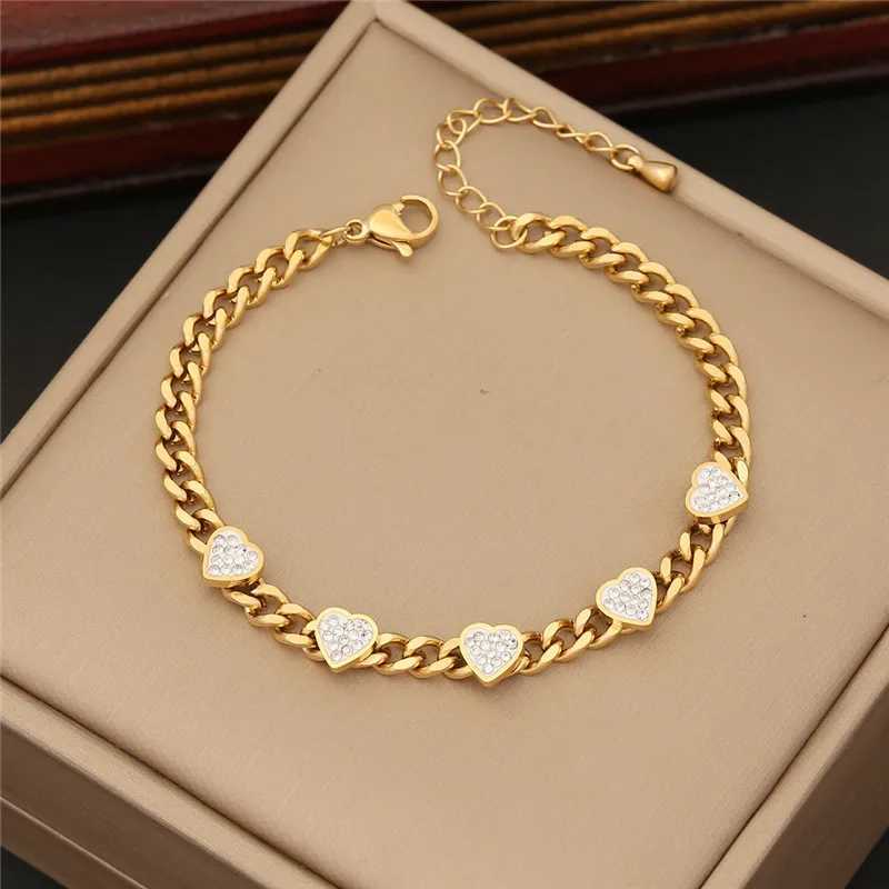 316L Stainless Steel Jewelry Set Golden - Plated Cuban Link Chain Necklace Bracelet With Heart - shaped Cubic Zirconia Inlays Y250408