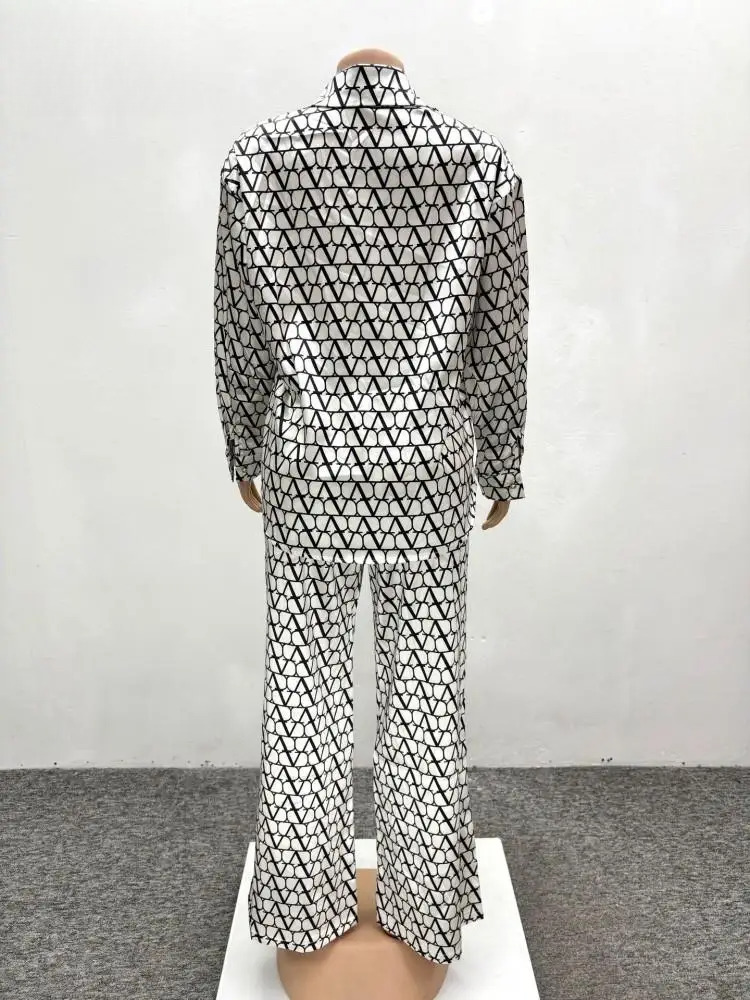 Joskaa Print 2 Piece Sets Women Hipster Lapel Full Sleeve Oversized Blouse And Wide Leg Pants Matching 2025 Y2k Streetwear