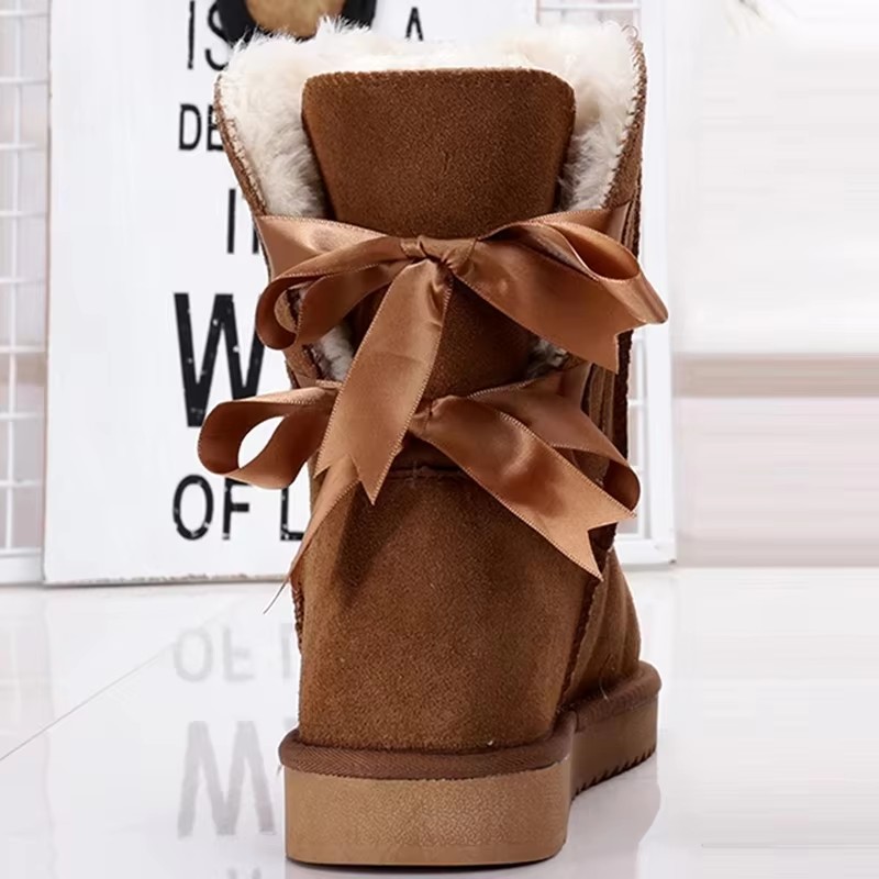 Designer shoes high quality genuine cowhide boots with double bow and warm outdoor snow boots for woman size 34-43
