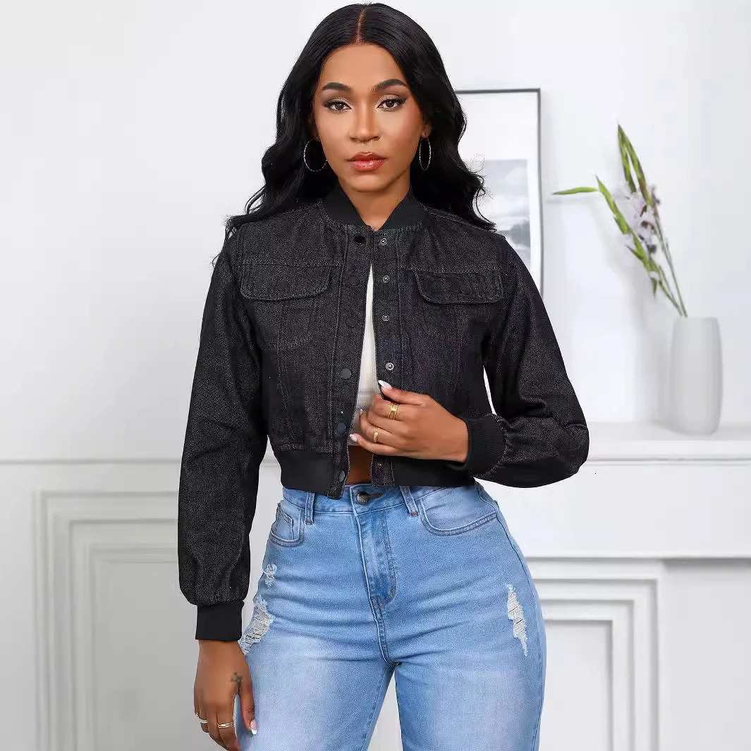 Denim jacket womens jeans casual streetwear long sleeved round neck pocket short single chest spring 250407