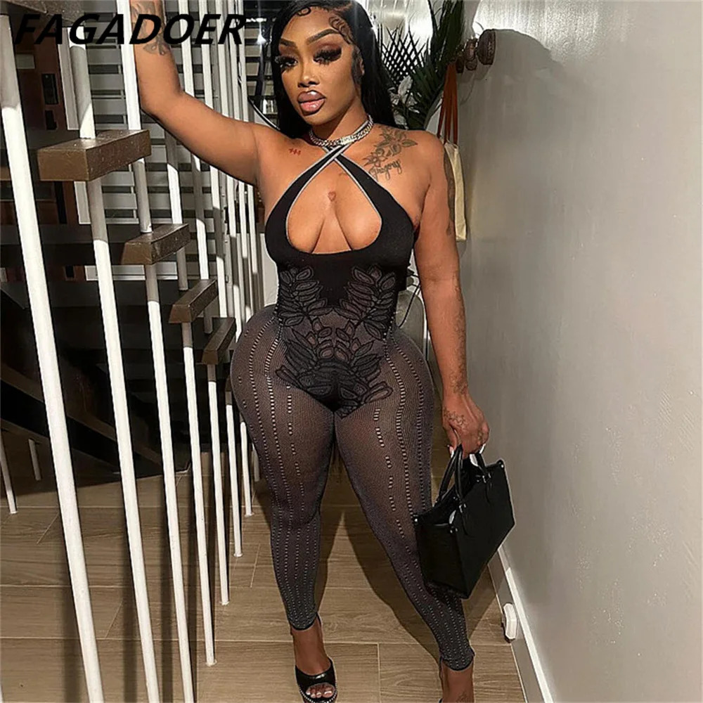 FAGADOER Sexy Thickened Lace Hollow Out Halter Bodycon Jumpsuits Women Sleeveless Backless Slim Playsuits Female Overalls 250407