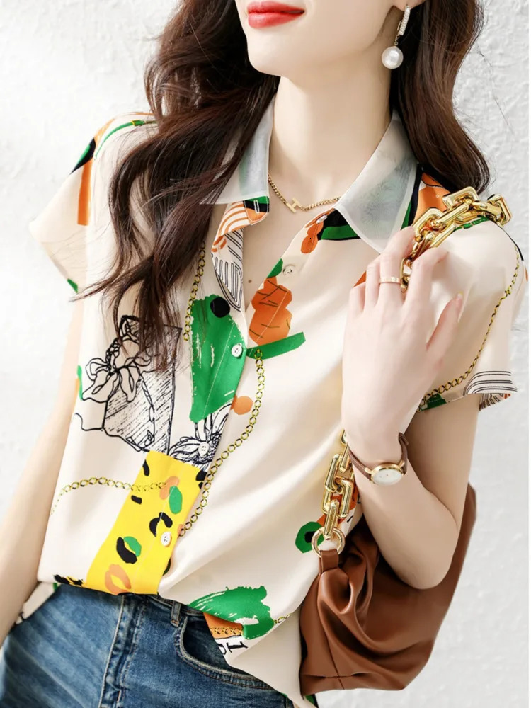 #3304 Summer Vintage Short Chiffon Printed Short Sleeve Shirt Women Sexy Thin France Style Womens Tops And Blouses Loose 250408