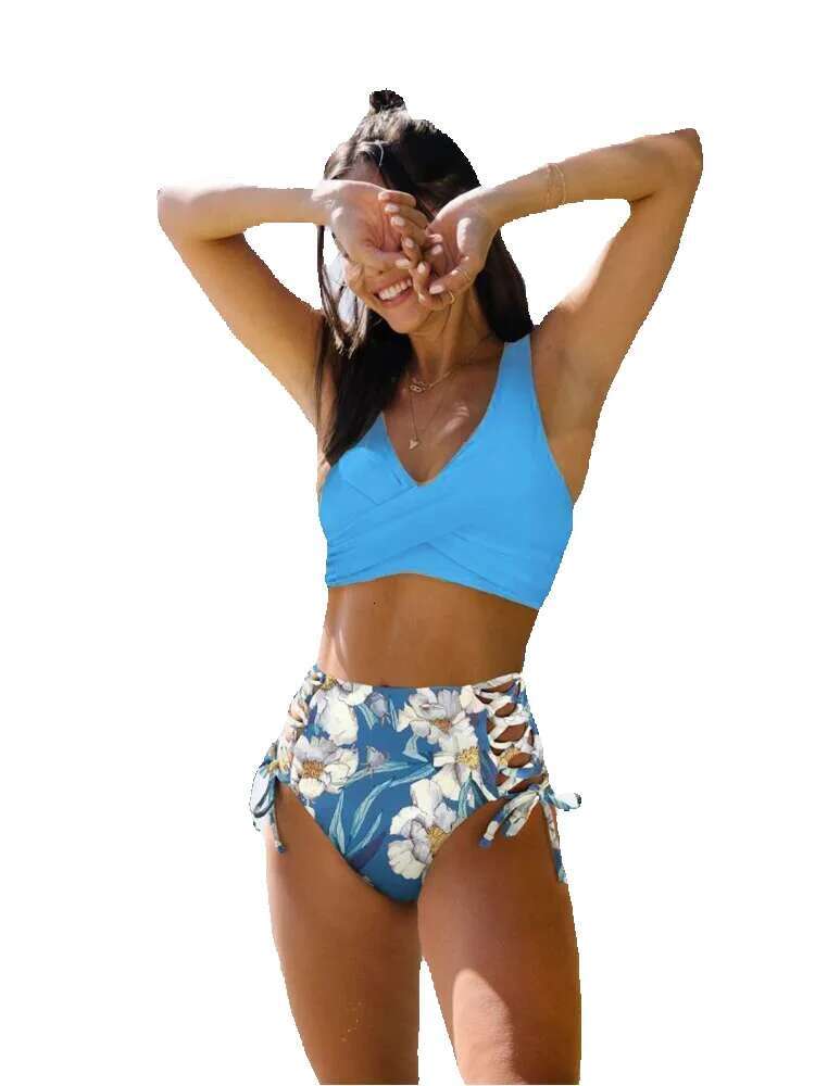 RAL printed V-neck bikini set, two-piece swimsuit, back tie, side cut high waist, swimsuit and women's clothing