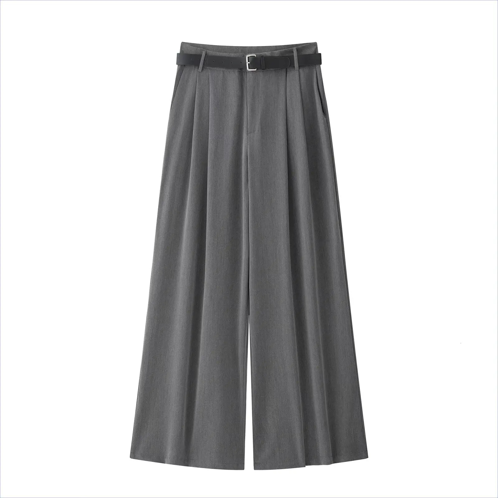 Womens spring and summer straight pants casual pleated solid loose strap womens elegant street Trouser clothing 250407
