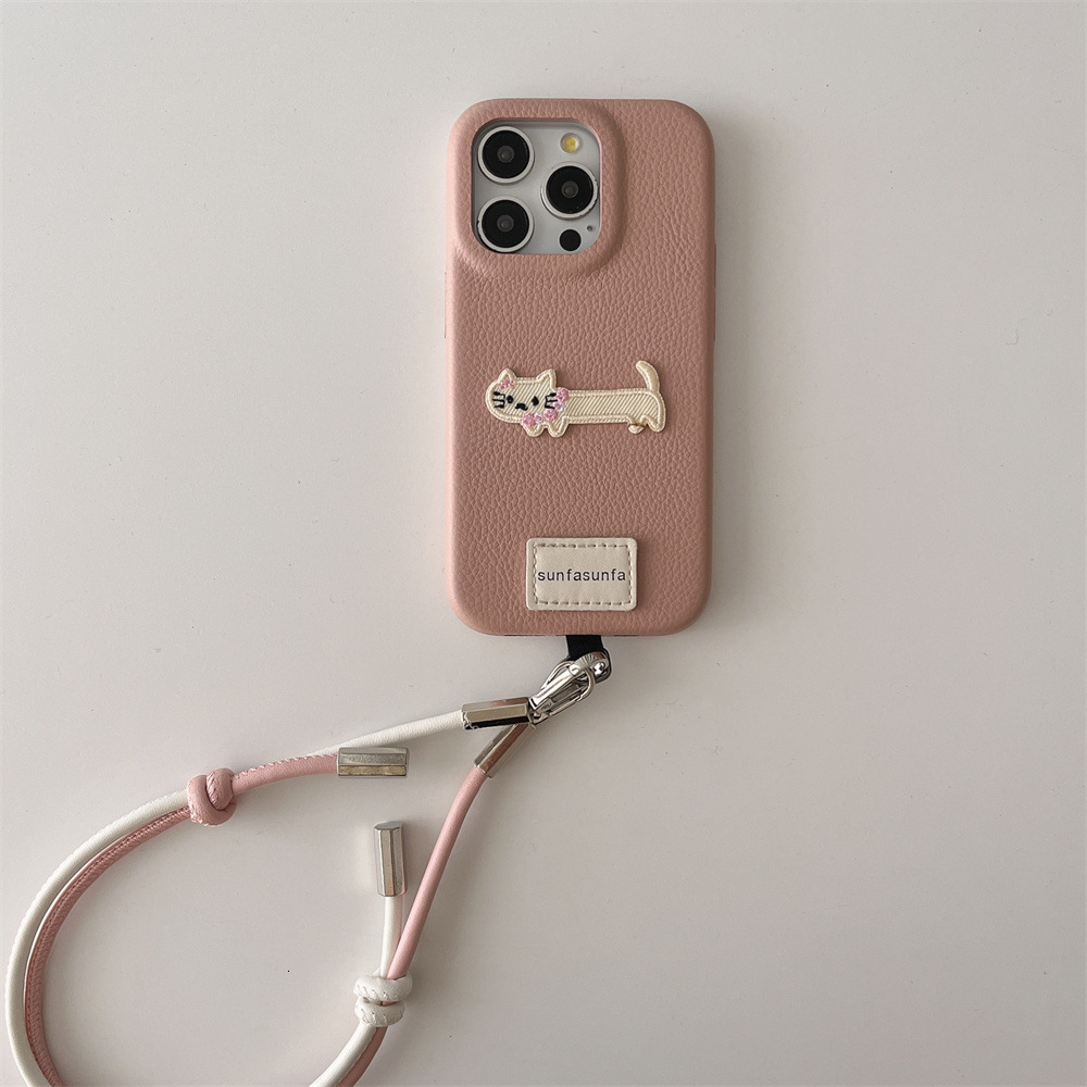 INS Embroidered Two-tone Lanyard Phone Case Compatible with iPhone 17/16/15 Niche Leather Case iPhone 14/13 Pro