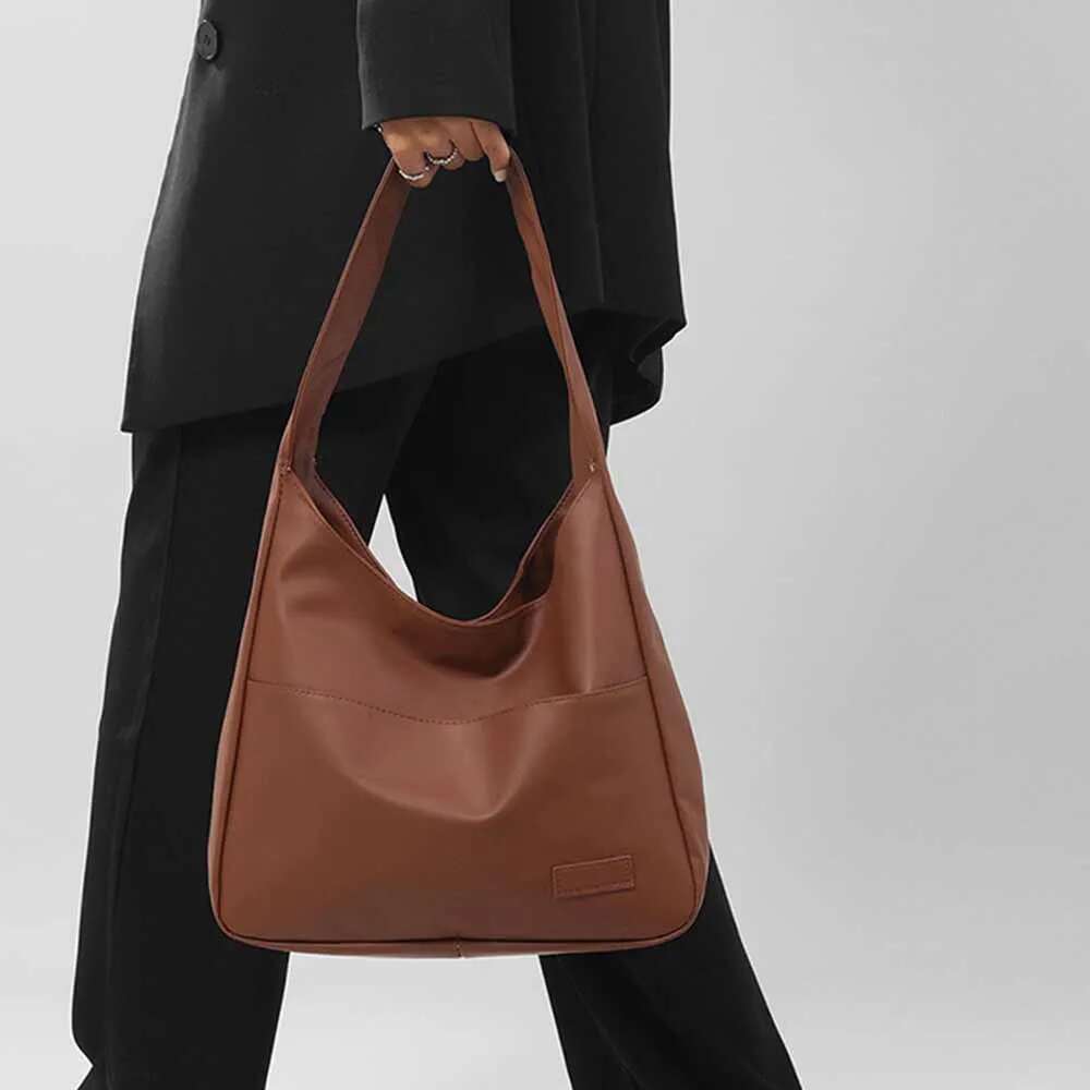 Women s Hobo Simple PU Leather Solid Shoulder Bag Fashionable Large Capacity Handbag Suitable For School Assignments Ll
