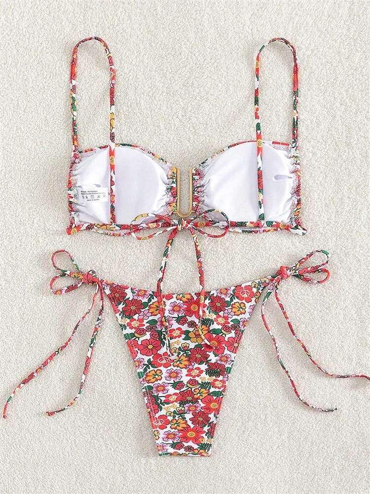 Dongdumaoyi Sexy U Wire Bikini Set Women Red Floral Print Push Up Micro Swimsuit Brazilian Cut Out Bathing Suit Tie Side Thong Swimwear