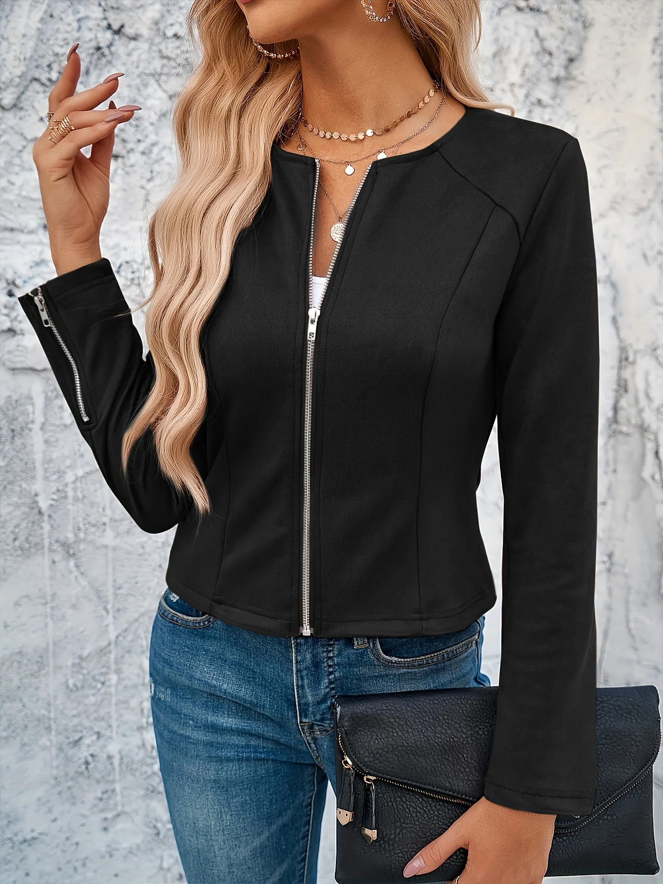 Womens fashionable round neck slim fit top with zippered cuffs access control zipper Cardigan short jacket 250407