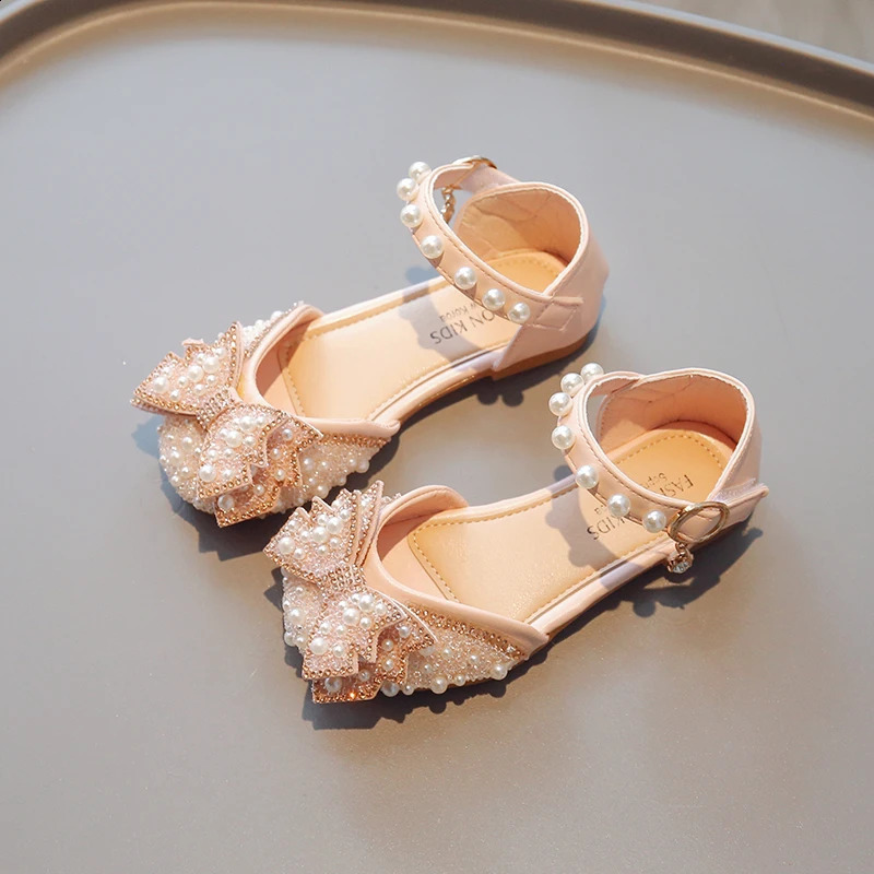 Childrens Bow Beaded Fashion Sandals Girls Round Head Princess Shoes Students Sweet Flat Dress Shoes Birthday Party Shoes 23-30 250408