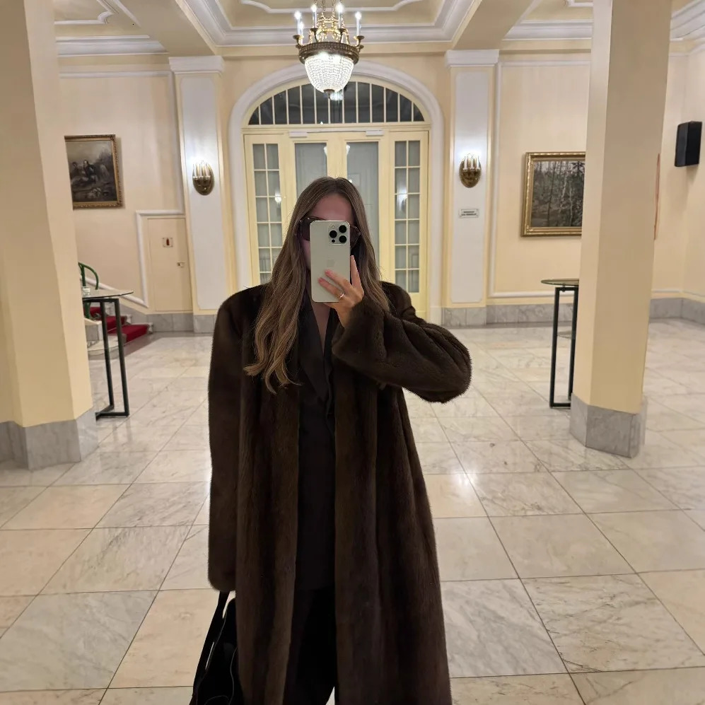 KIDCRKJ Winter Womens Artificial Eco Fur Jacket Brown VNeck Thermal Ladys Faux Coat Chic Long Floor Length Mink 251103