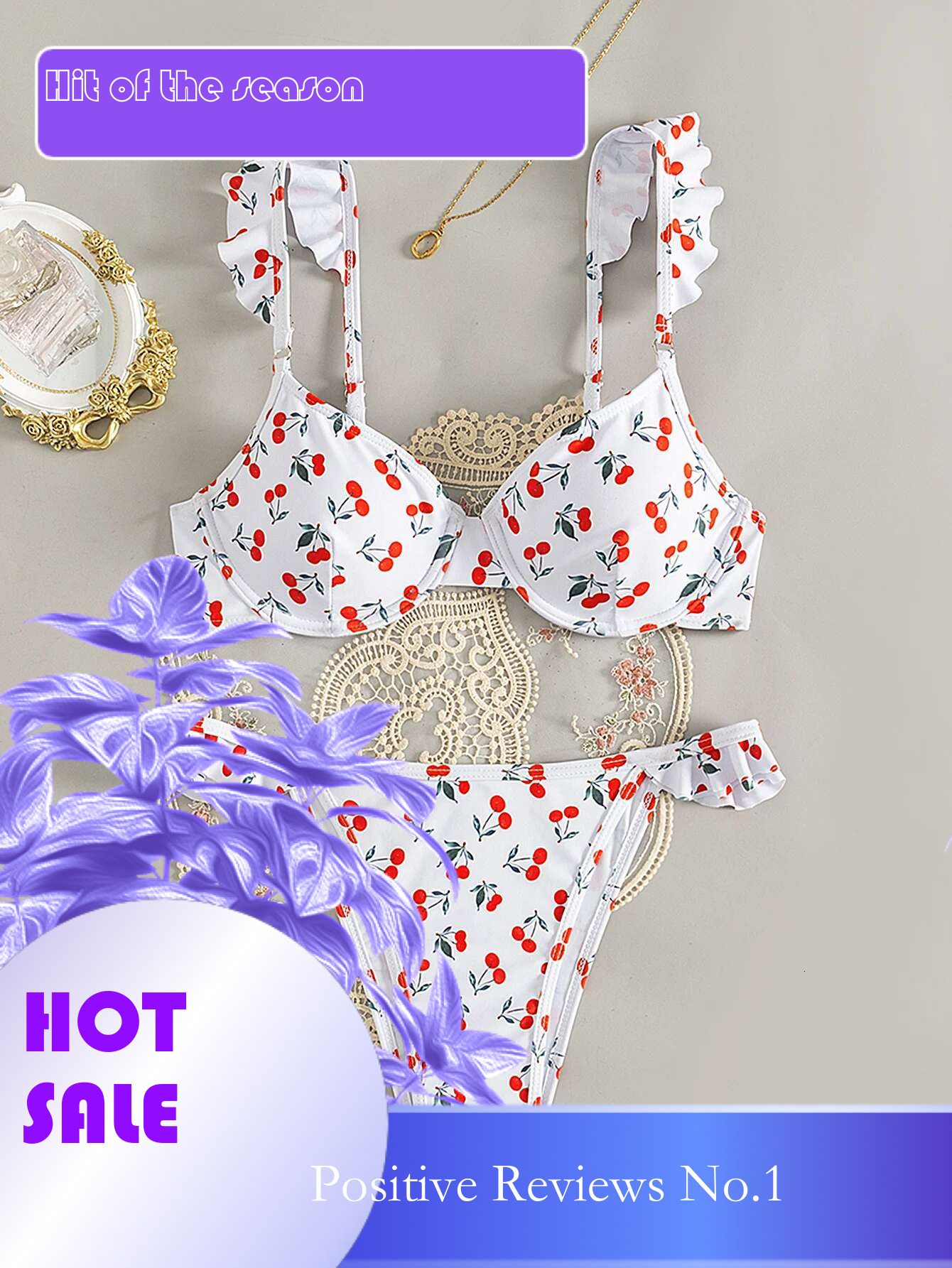 Dongdumaoyi Sexy White Cherry Print Bikini Set Women Ruffles Push Up Underwire Swimsuit Brazilian Beach Bathing Suit Thong Swimwear