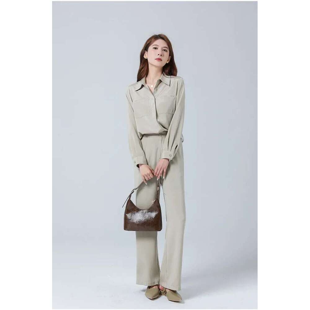 New Heavyweight Pants Set For Women's Simple Mulberry Silk Shirt Long Sleeved Two Piece Sets Womens Outifits