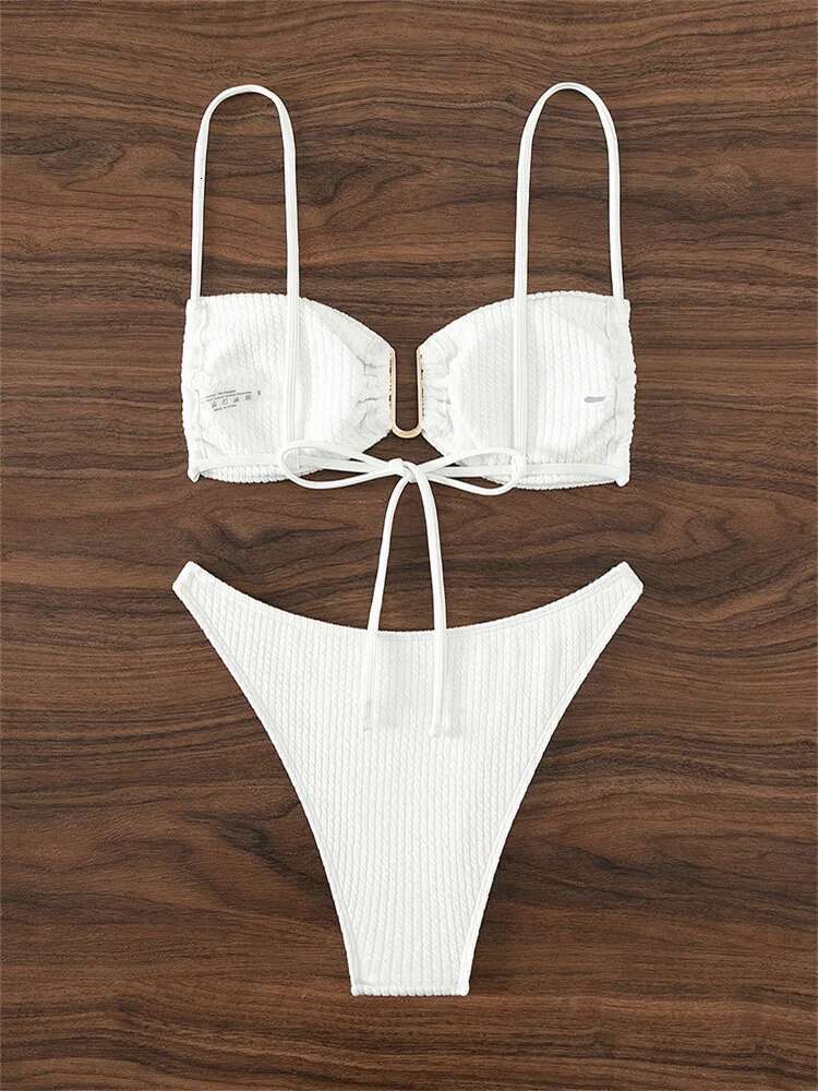 Dongdumaoyi Sexy U Neck Bikini Set Women Solid White Black Push Up Pleate Micro Swimsuit Brazilian Cut Out Bathing Suit Thong Swimwear