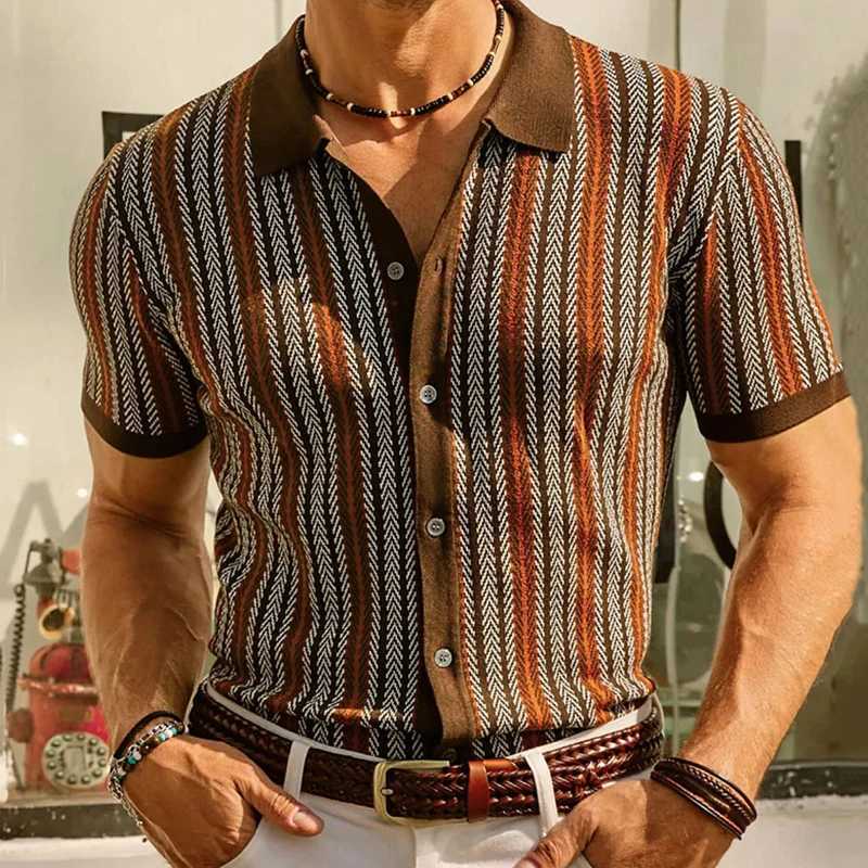 Mens knitted jacquard business polo shirt fashionable short sleeved button down cardigan retro casual knitted top summer 2025 new itemXJ250407