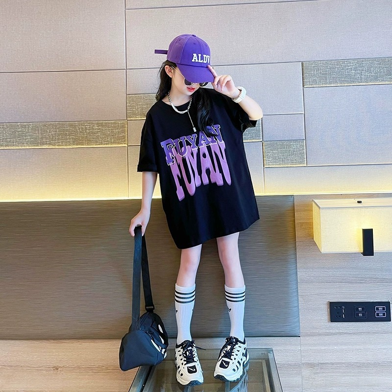 Ddmyshoesvip 220G Girls Short T Shirt For Summer New Long Half Sleeved Big Children S Stylish Loose Summer Outfit Explosive Street Top