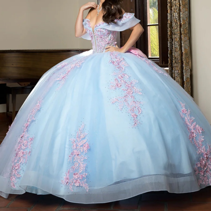 Sky Blue Quinceanera Dresses Off Shoulder Ball Gown Sweet 16 Dress Applique Bow Beads Tull Corset Birthday Party Vestidos 15 De Anos