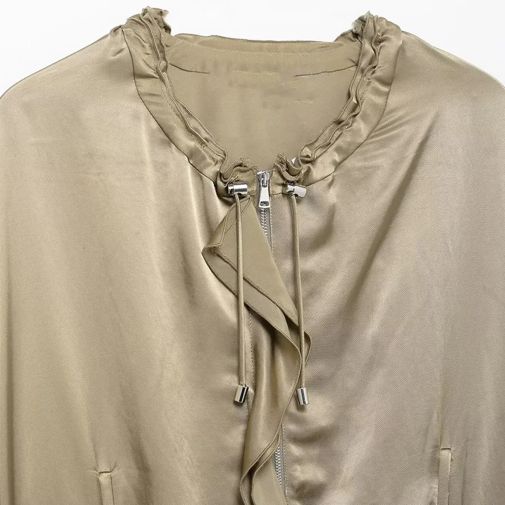 ZBZA Womens Satin Ruffle Jacket Round Neck Long Sleeve Drawstring Necklace Front Zipper Top SpringSummer Fashion 250407