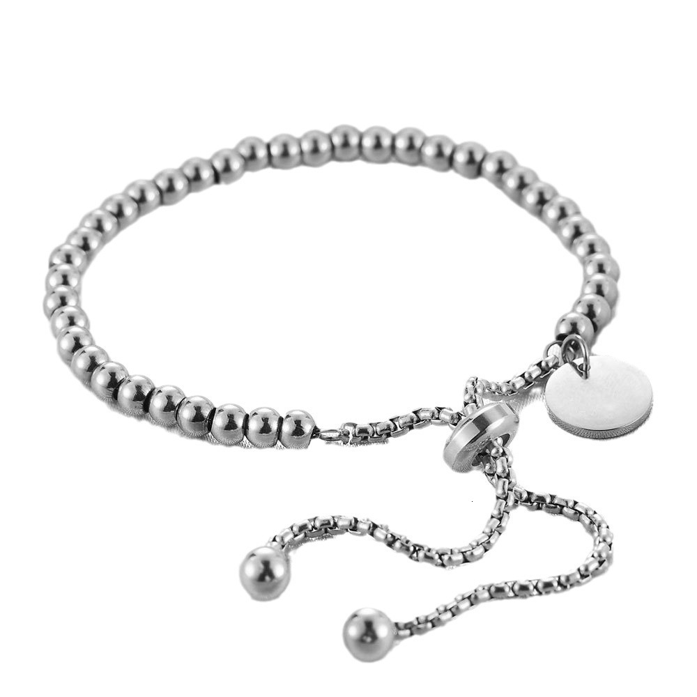 Fashionable titanium steel simple circular hang tag adjustable round bead engraved bracelet jewelry