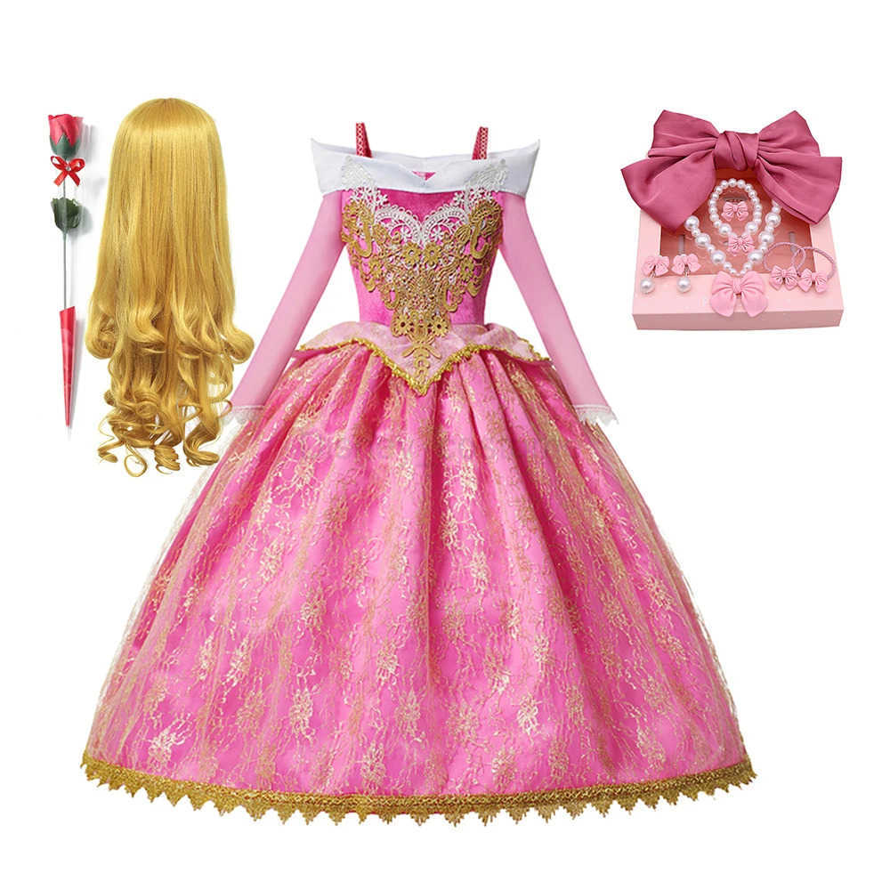 Disney Kids Cosplay Princess Aurora Costume Off Shoulder Luxury Ball Gown Fancy Carnival Party Role Playing Children Clothing Birthday X250408