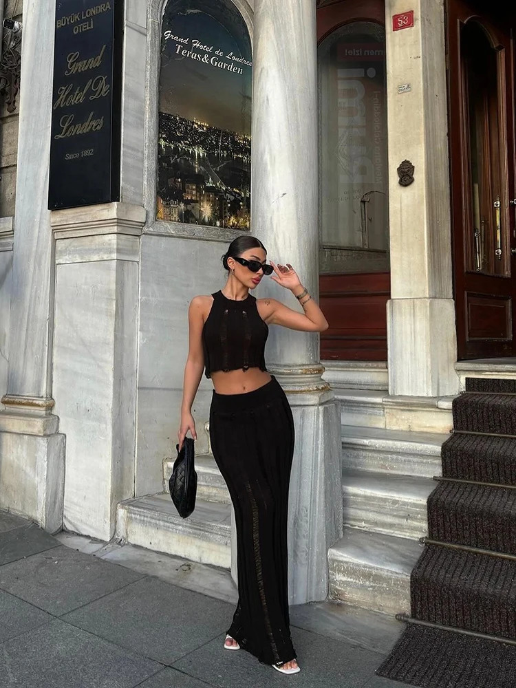 Hollow Knitted Dress 2-piece Set Womens Summer O-neck Sleeveless Crop Top High Waist Long Knitted Street Womens Clothing 250401
