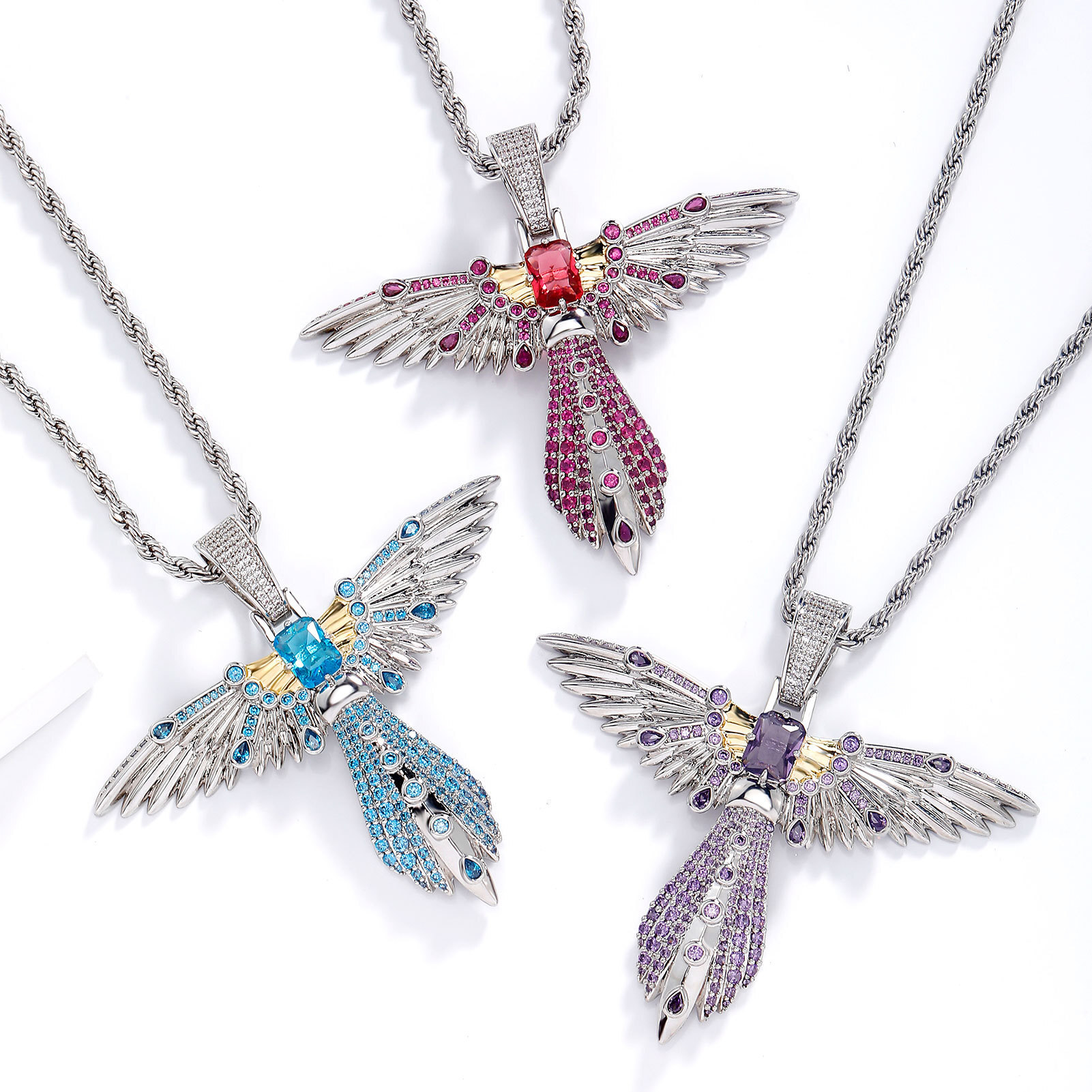 New In Colorful Baguette Cz Stones Dragonfly Charm Hip Hop Pendant Necklace For Men And Women Blue Red Cubic Zircoina Fine Quality Rapper Trendy Party