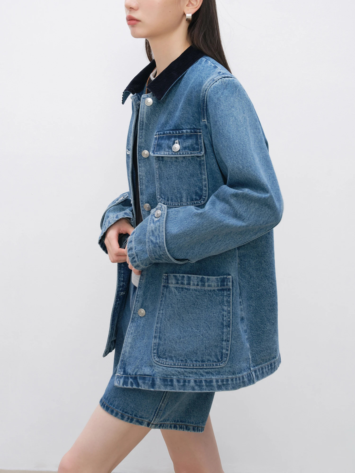 ZIQIAO Womens Denim Blue Coat Polo Neck Patch Work n Winter Casual Straight 100% Cotton Jacket 24ZQ93040 250407