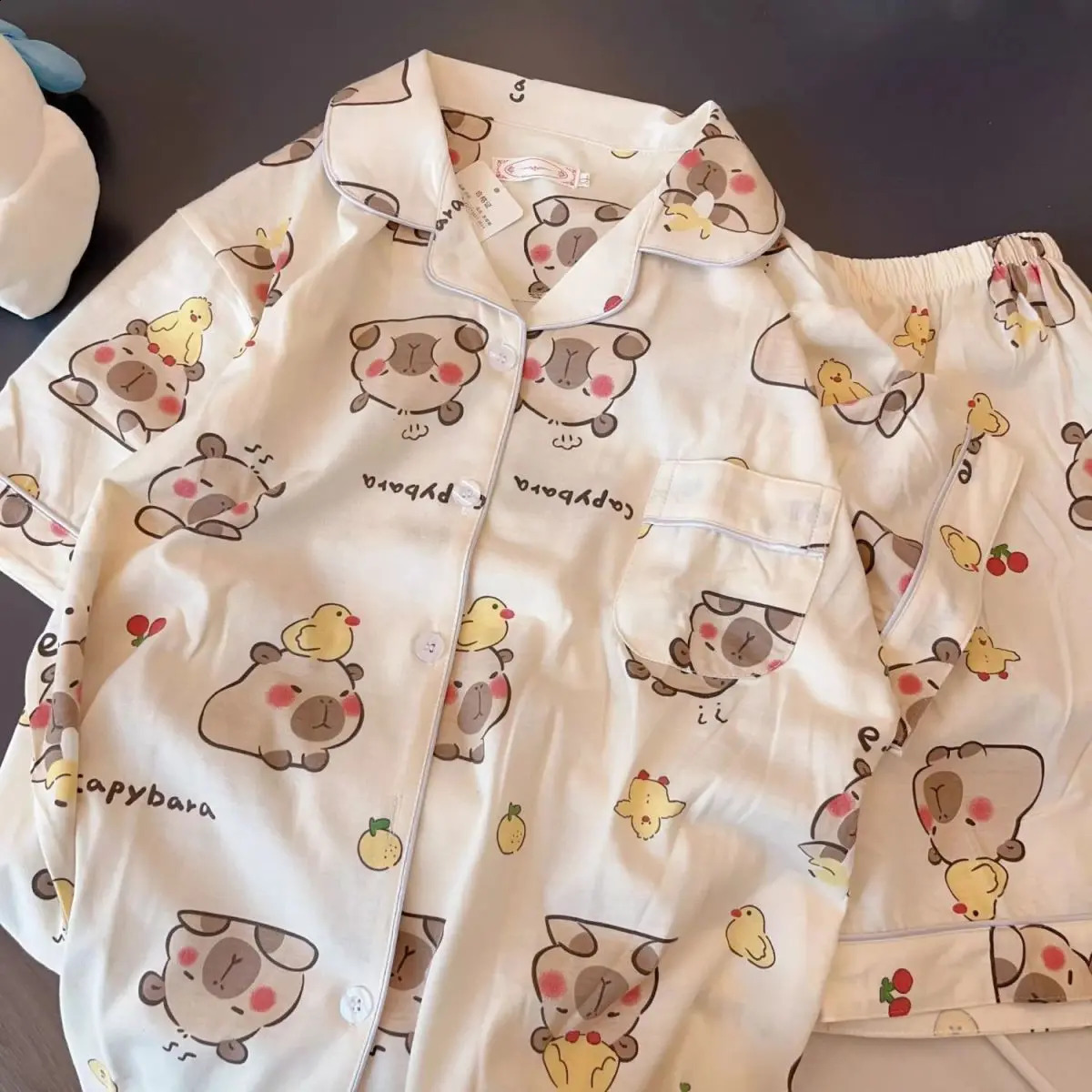 Capybara Girls Pajama Set 2025 Summer Children Cartoon Printed Lapel Short Sleeve Shorts 2pcs Air Conditioning Clothes Sleepwear 250408