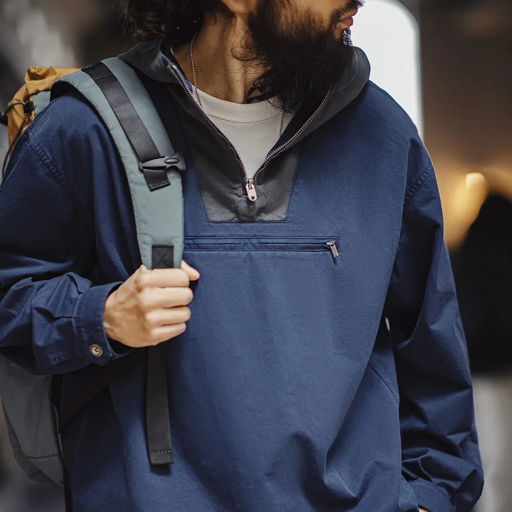 Madens retro colored hooded jacket mens spring loose suit navy blue casual outdoor puller 250407