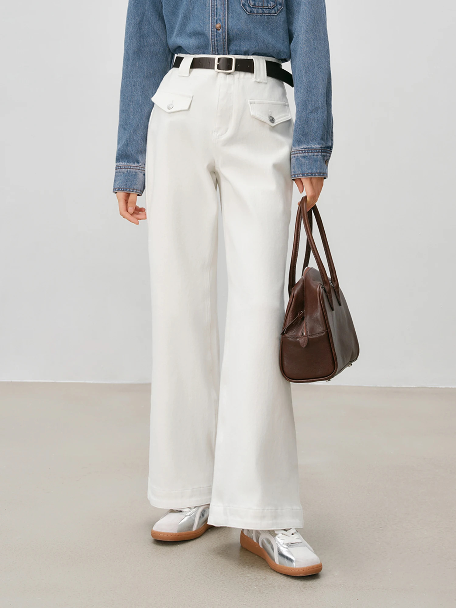 ZIQIAO Womens Denim Blue Jeans Pocket Decoration Beige Full Length Trouser Cotton Elastic Flash 24ZQ94210 250407