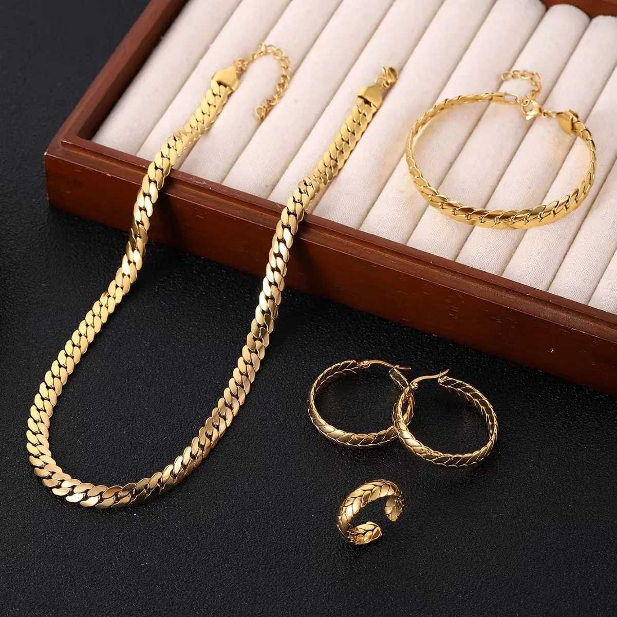 Fashion Trend 5-piece Set Stainless Steel Blade Chain 18K Gold Vacuum Plated Necklace Bracelet Ring Set Womens Kravik Chain Jewelry Y250408