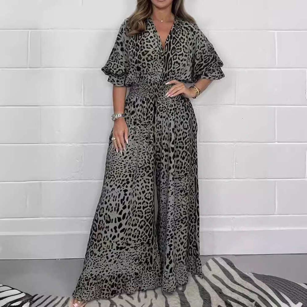 European American women's fashion leopard print casual wide leg jumpsuit 2025 new style chic and elegant clothing