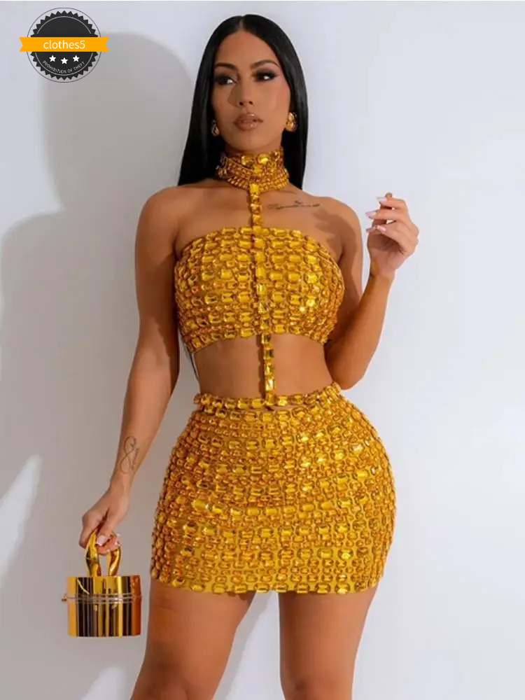 Rhie 2 Piece Sets Women Outfit Sexy Cutout Halter Tank Top And Mini Skirt Match Summer Birthday Party Clubwear
