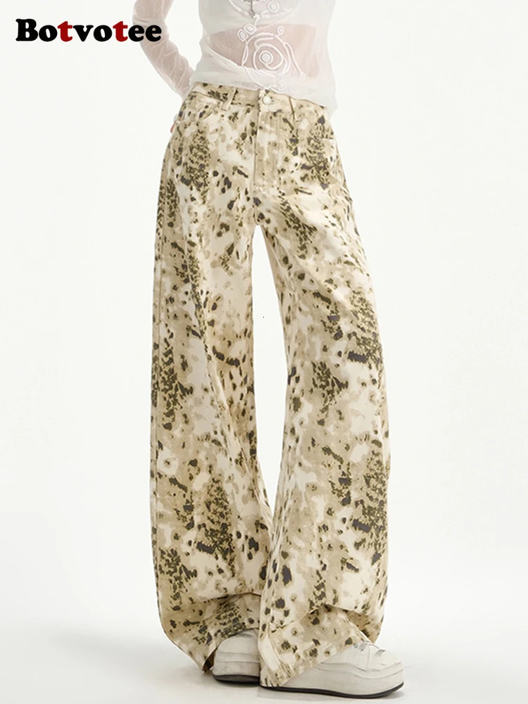 Botvotee Y2k womens leopard print jeans beige wide leg straight high waist denim pants streetwear fashion 250407