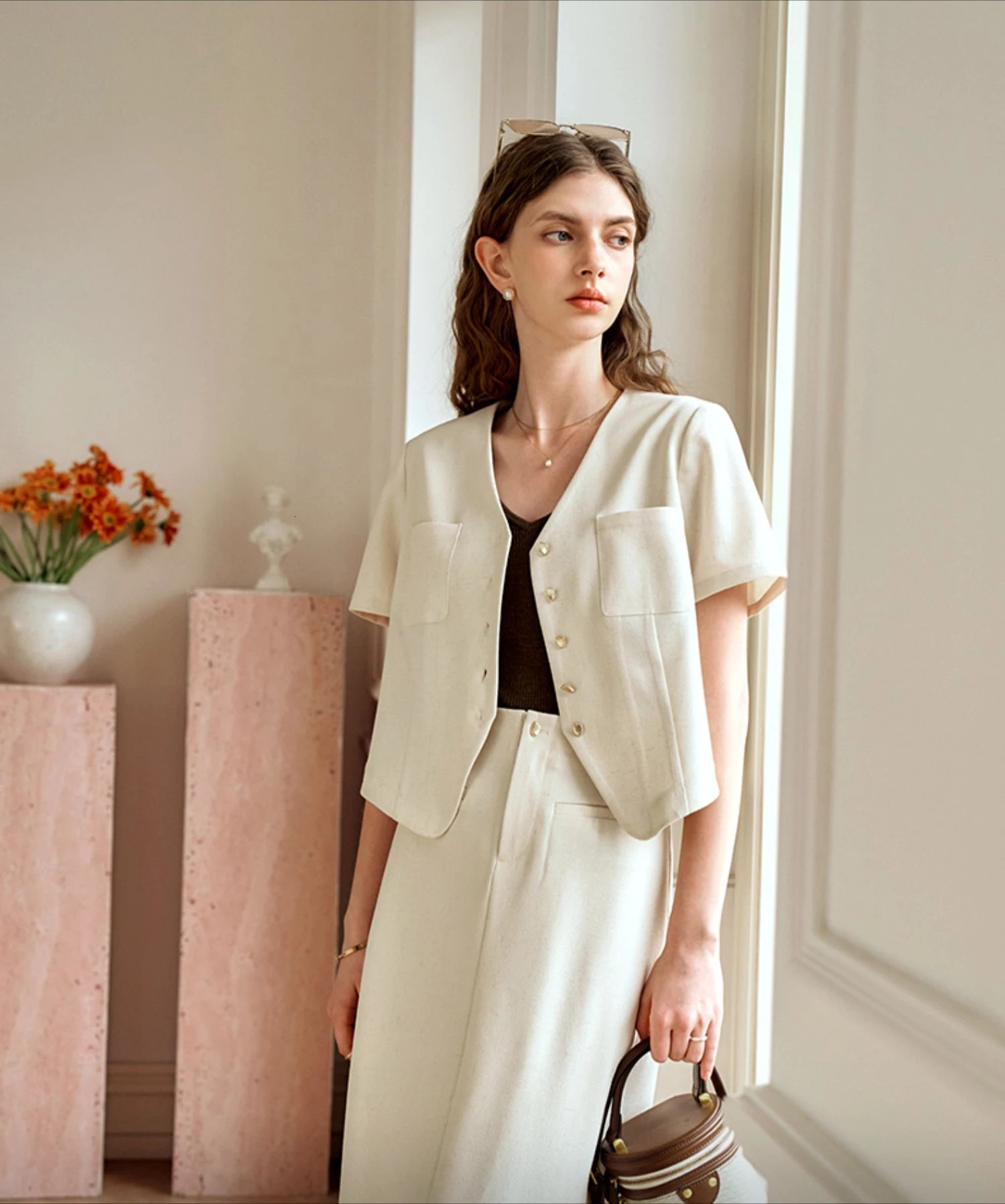 Olain Office Womens Tailored Jacket SpringSummer Oat Color Simple Vneck Splicing Button Pocket Coat O24XW91361 250407