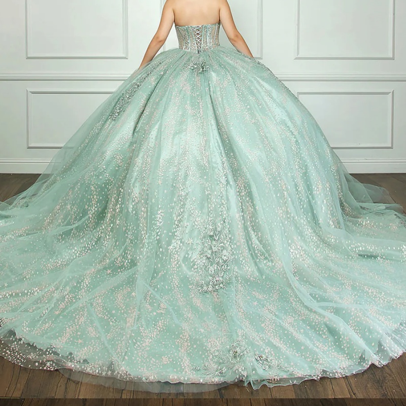 Mint Green Shiny Quinceanera Dresses Off Shoulder Ball Gown Sweet 16 Dress Applique Lace Beading Crystal Tull Birthday Party Vestidos 15 De Anos