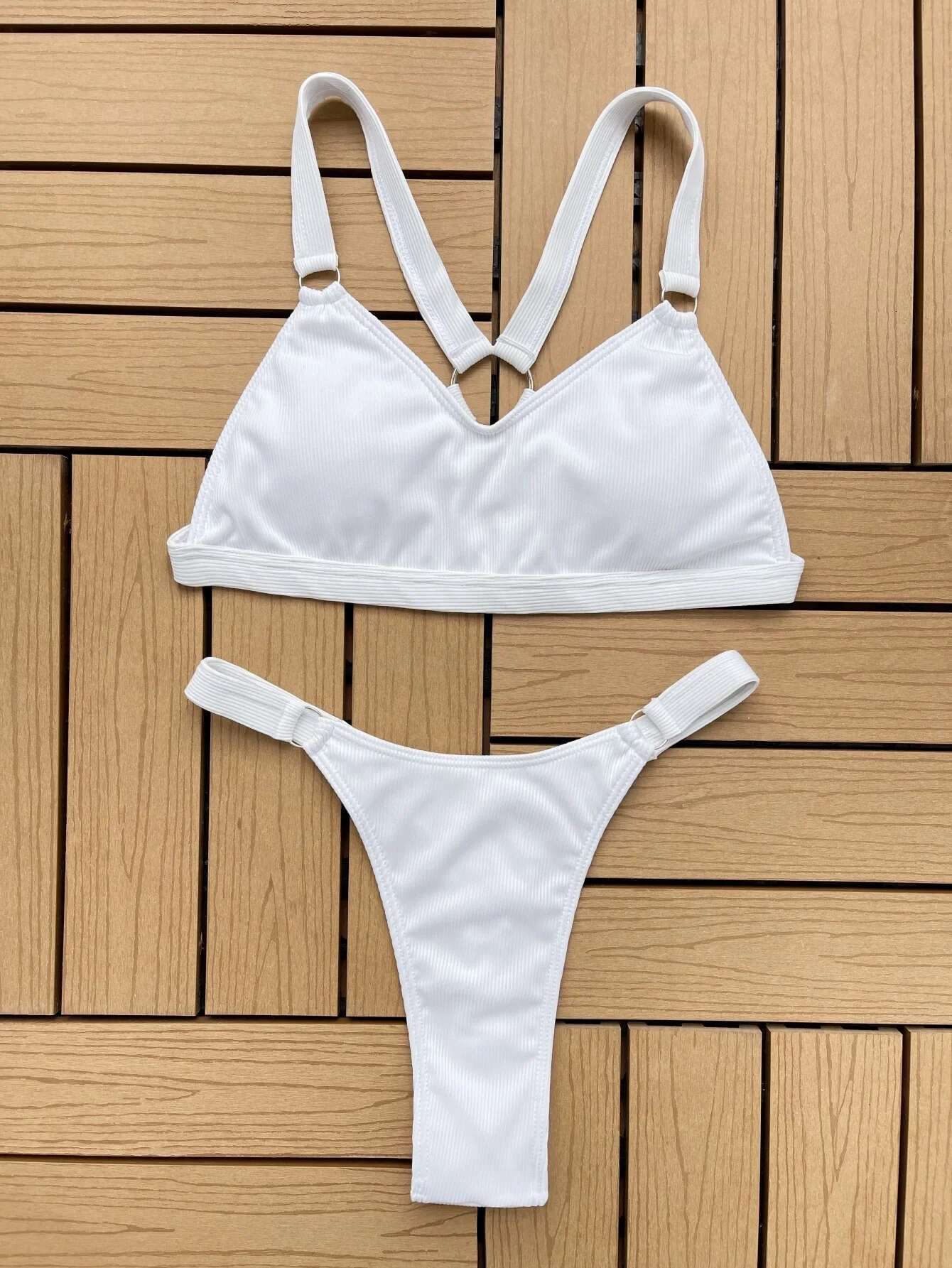 Dongdumaoyi Sexy Ring Linked Backless Bikini Set Women Solid Black White Hollow Out Push Up Micro Swimsuit Bathing Suit Thong Swimwear