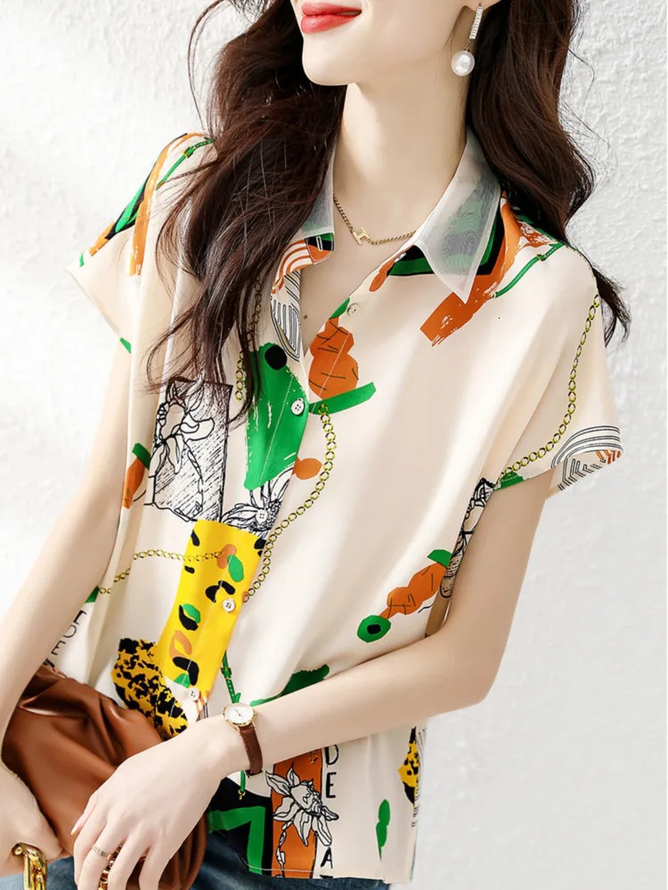 #3304 Summer Vintage Short Chiffon Printed Short Sleeve Shirt Women Sexy Thin France Style Womens Tops And Blouses Loose 250408