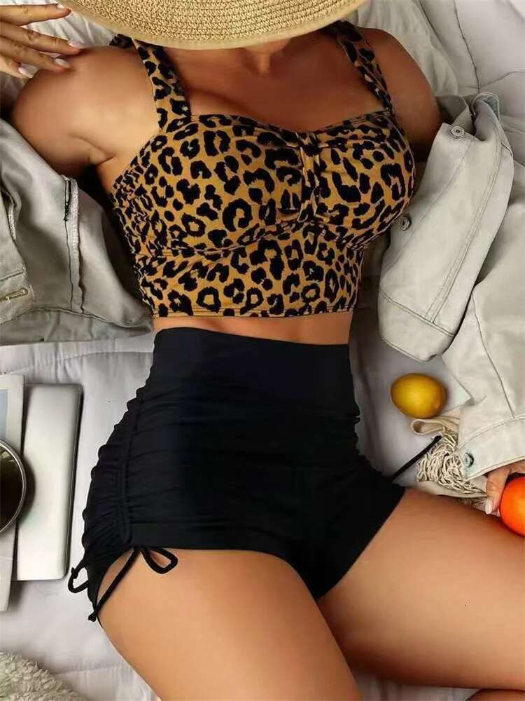 Dongdumaoyi Vintage Black Leopard Print Bikini Set Women Drawstring Side High Waist Panties Swimsuit Bathing Suit Swimwear Beachwear