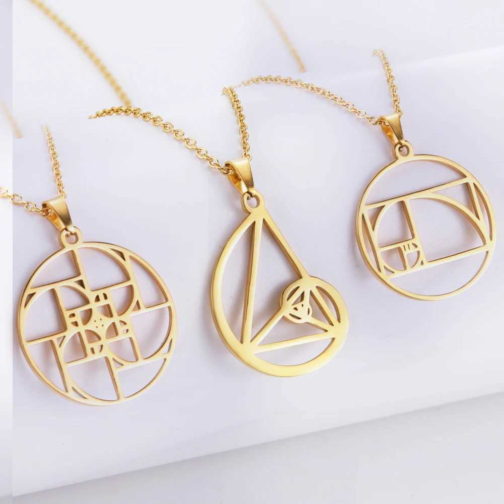 Geometry Circle Triangle Fibonacci Spiral Pendant Necklace Golden Ratio Hollow Stainless Steel Women Choker Necklace JewelryC250407