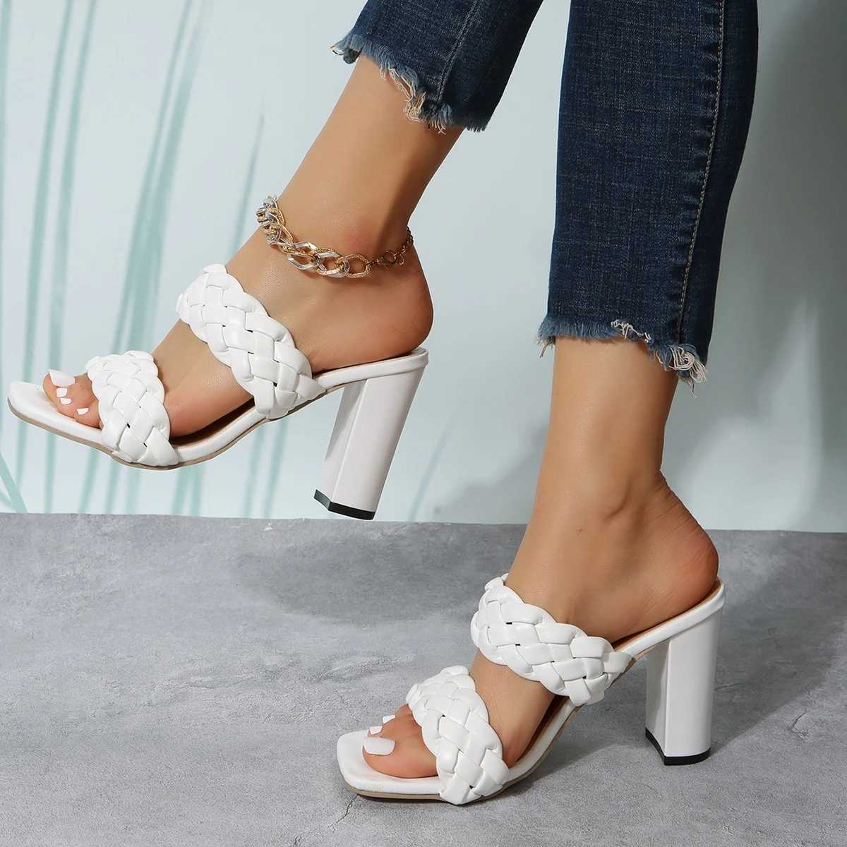 Double woven belt thick high-heeled sandals for womens summer 2025 square toe high-heeled slippers for womens Fi slip sandalsXJ250407