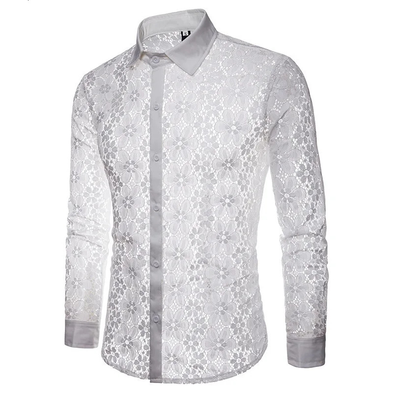 #4626 Black White Lace Mens Shirts Long Sleeve Sexy Thin Hollow Out See Through Clothes Party Night Club Dance Streetwear Shirts 250407