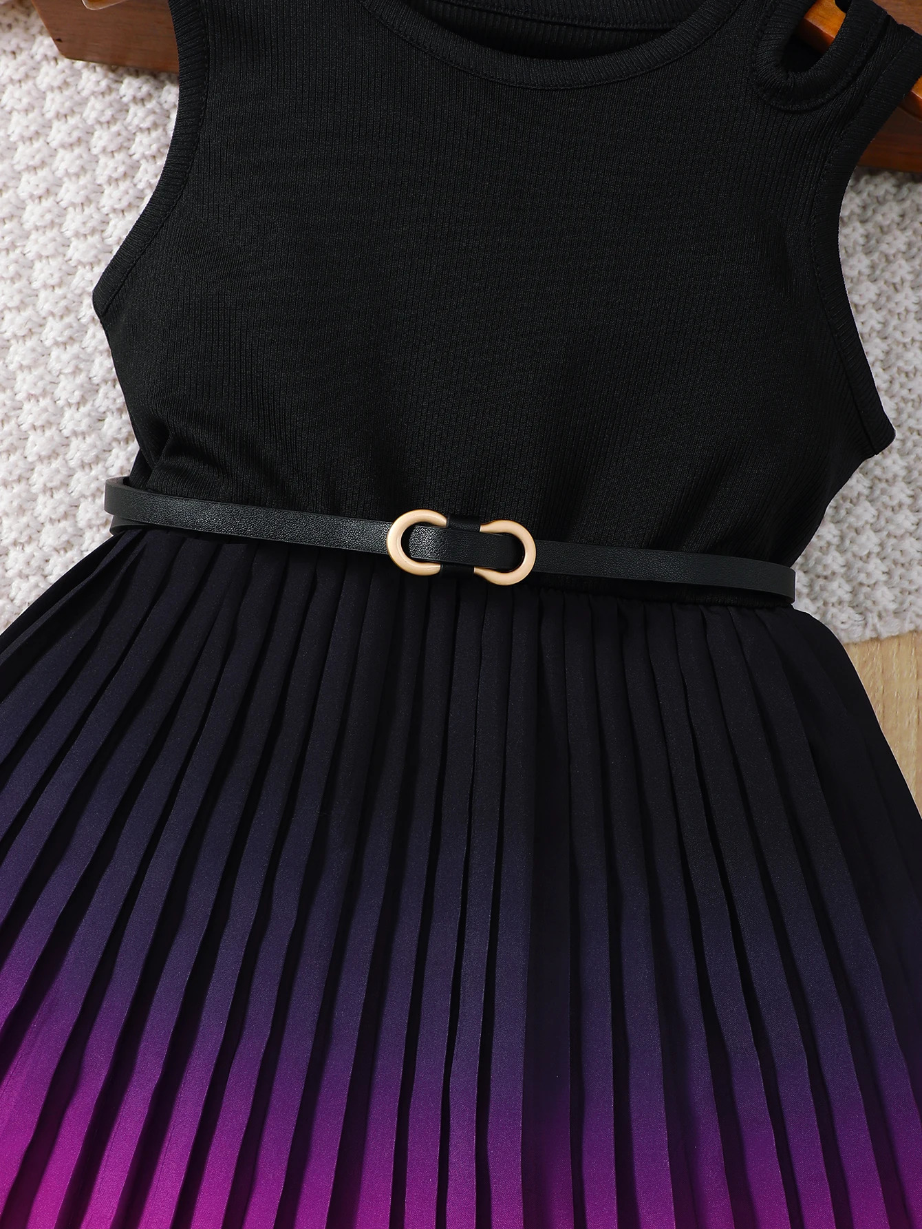 Girls Gradient Color Blocking Pleated Hem Summer Sleeveless Belt Dress 250407