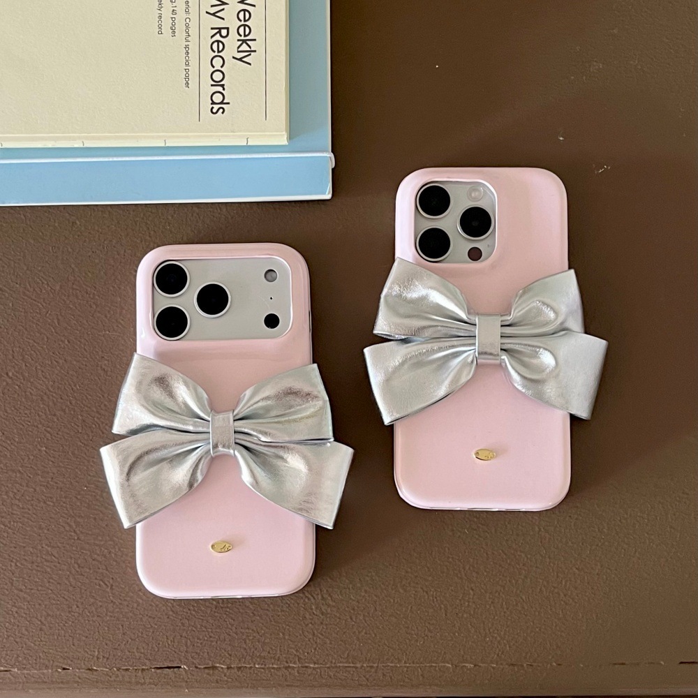Leather Pink Bowknot Phone Case Compatible with iPhone 17 Pro Max Simple Solid Color Case iPhone 16/15 Pro Cartoon
