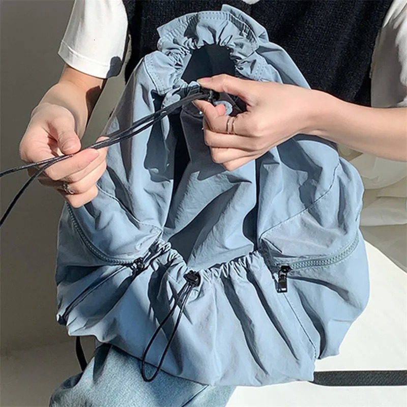 Ruched Drawsting Backpacks For Women Casual Nylon Lady Backpacks Light Weight Students Bag Large Capacity Travel Sac 250408
