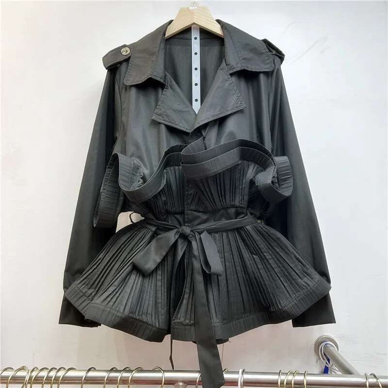 WTHT New Trendy Women's Patchwork Bandage Wrinkled Design Blazer 2025 Spring Fashion Lapel Long Sleeves Jacket Female 1Ls730
