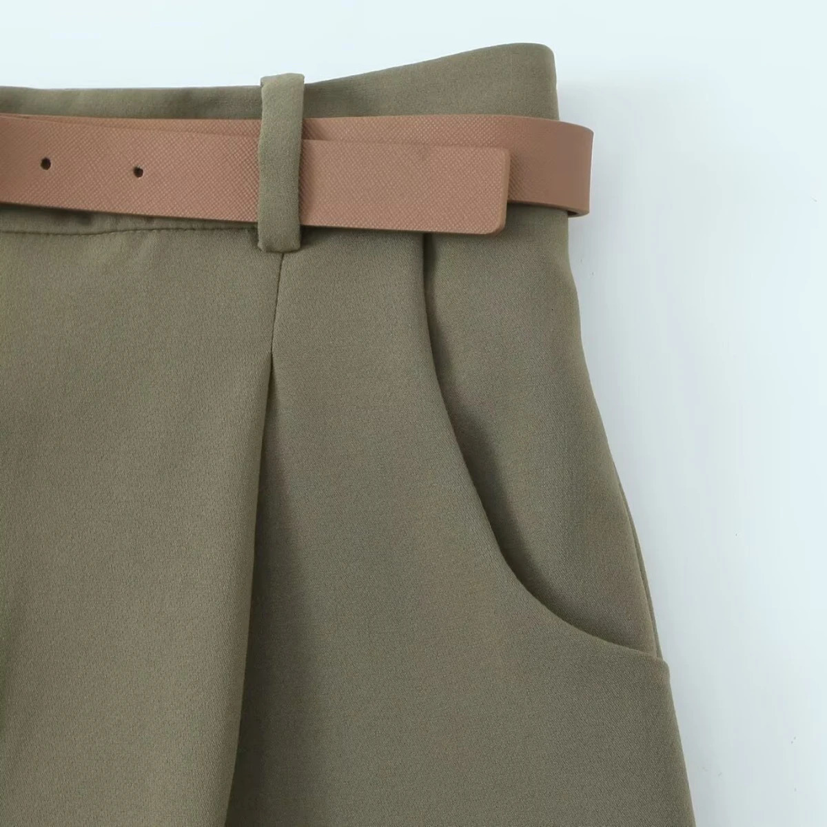 ZBZA Womens Waist Belt with Wrinkles Trouser High Side Pocket Front Zipper Summer Casual Solid Color Unique 250407